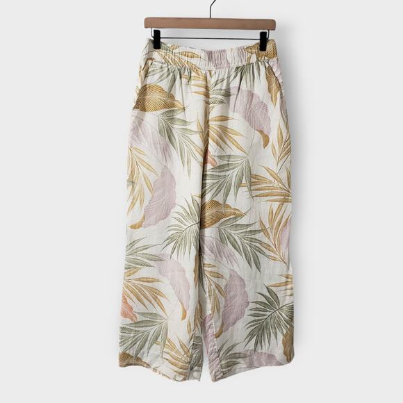 Tahari Pants - Tahari 100% Linen Pull On Pants Tropical Palm Floral Medium Flowy Wide Leg Crop
